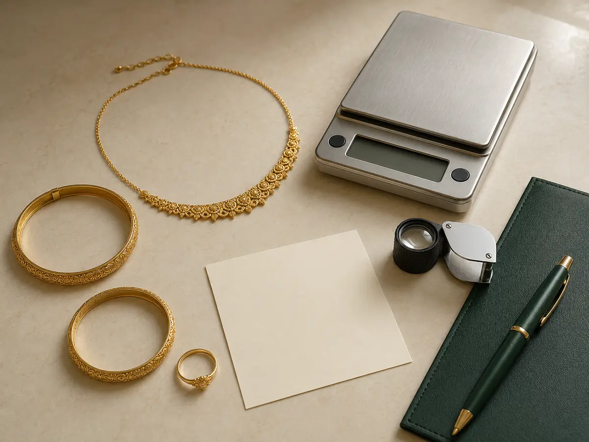 Gold jewellery, precision scale and valuation tools arranged for an estimate